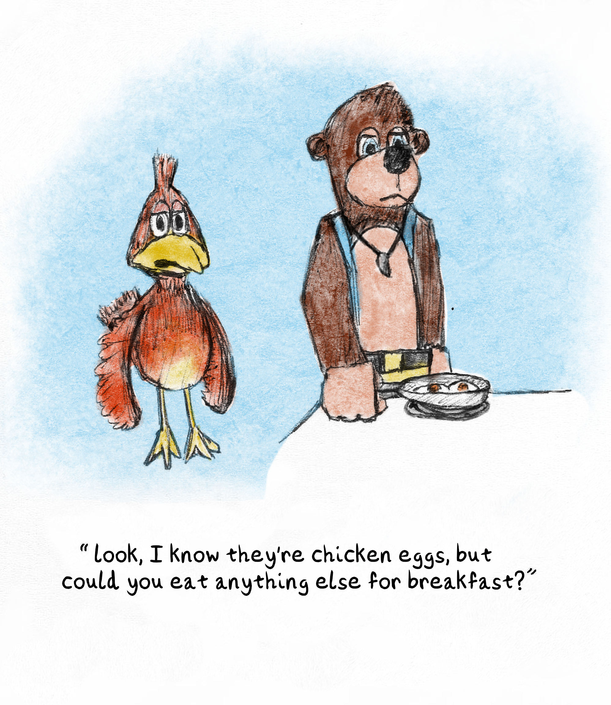 Banjo eats eggs much to Kazooie’s comical dismay